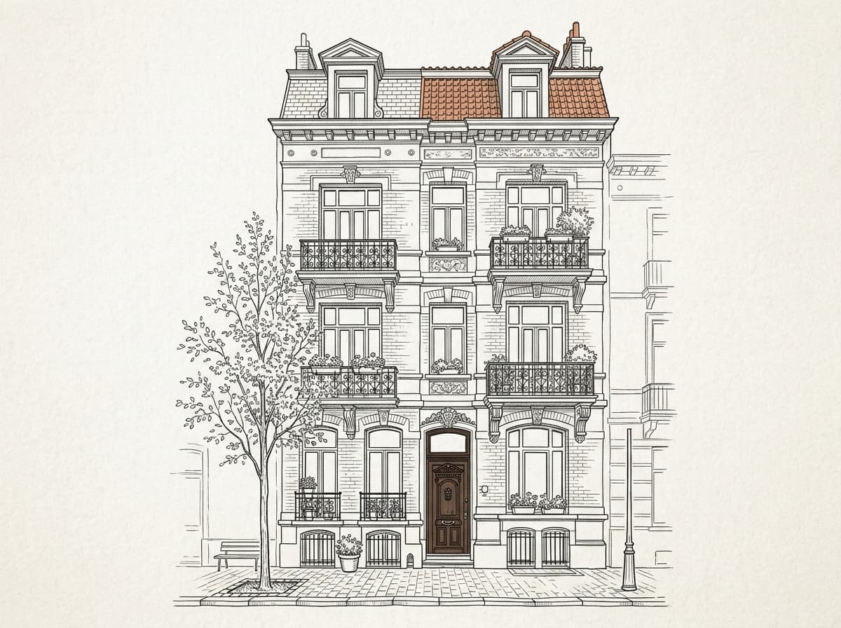 Lijntekening: gevel van een Belgisch appartementsgebouw